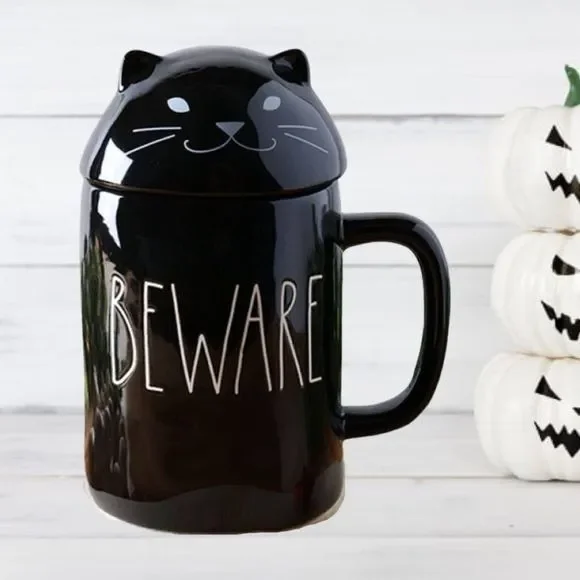 Rea Dunn Black Cat Mug BEWARE With Lid 16oz - Picture 1 of 4
